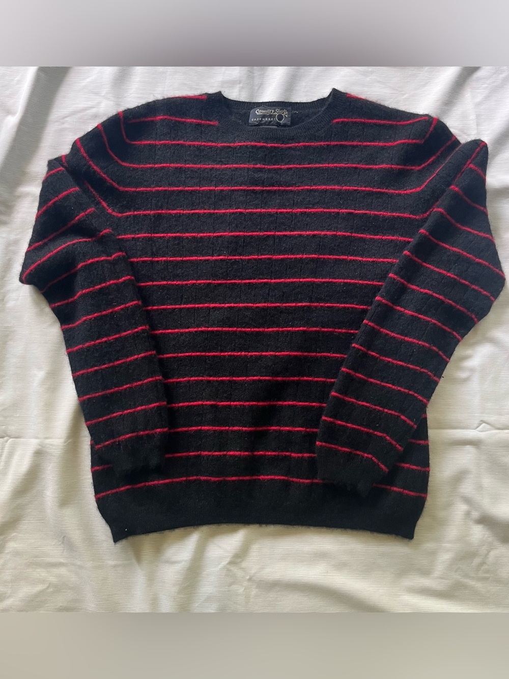 Country Shop Cashmere Black Crewneck Sweater with Red Stripes